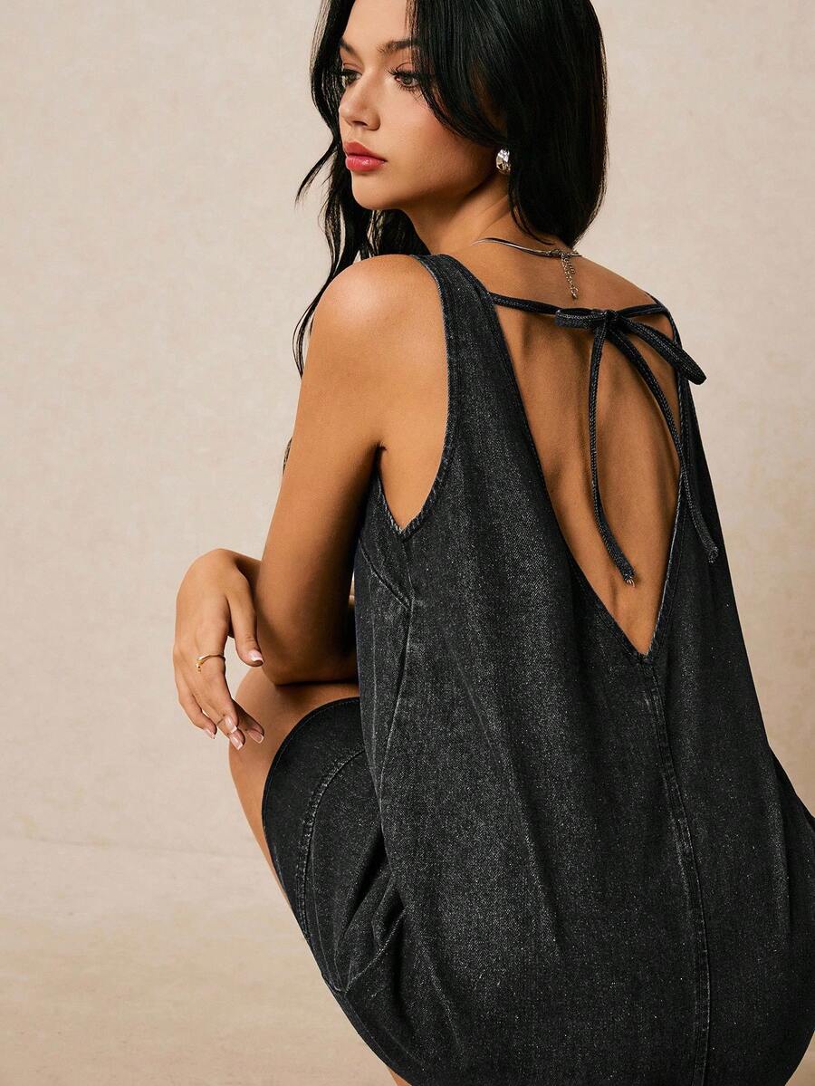 Poéselle 女士时尚露背无袖牛仔连衣裙，夏季 - 黑色 - 查看 1