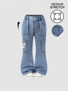 Pantalones acampanados de mezclilla azul desgastada para niñas jóvenes, versátiles y de moda casual - Azul lavado medio - Ver 3