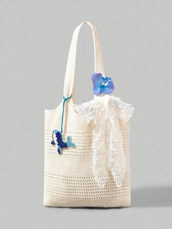 Fairycore Nuevo bolso de hombro de verano para mujer, bolso de mano de punto para dama, bolso de playa de verano con decoración de lazo