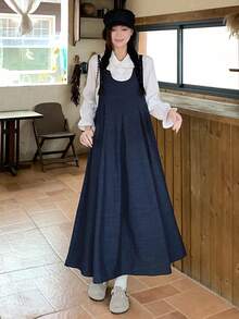 DAZY Women's Round Neck Pleated Korean Style Mid-Length Denim Dress - Blue - View 6