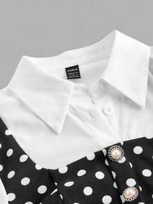 SHEIN MOD Váy dài tay chấm bi vá 2 trong 1 thanh lịch dành cho nữ, Váy chấm bi nữ, Váy chấm bi, Váy học sinh, Váy chấm bi đen trắng, Váy chấm bi nữ, Mùa thu, Váy dự tiệc thanh lịch, Đi chơi, Sang trọng, Chấm bi vá, Váy sang trọng - Đen và trắng - Xem 4