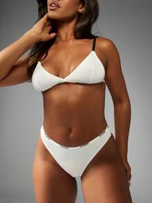 Missguided x Playboy Bộ đồ lót tam giác có gân cạp cao, quần lót dây thun, dây đeo có thể điều chỉnh, quần lót Hipster mềm mại, không đường may, thoải mái, mặc hàng ngày, bộ đồ lót cơ bản - trắng - Xem 1