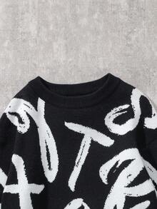 Coolqubz Tween Boy Fashion Pattern & Letter Intarsia Knit Sweater Long Sleeve Pullover, Autumn/Winter Boys Graphic Sweater Teen Boy Sweater Boys Knit Sweater Tween Boys Sweater Kids Graphic Sweater Teen Boys Sweater Boys Black And White Sweater Fall,Unisex - Black - View 3