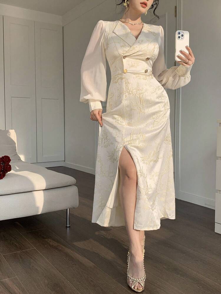 Women's Solid Color Criss-Cross Wrap Double-Breasted Slit Midi Dress