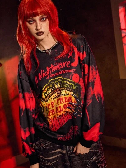 A Nightmare on Elm Street X SHEIN 女士休闲街头时尚黑暗恐怖人物字母印花落肩宽松套头衫，春秋季