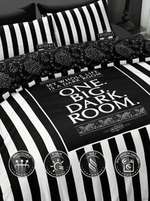 Beetlejuice X SHEIN Slogan & Striped Print Bedding Set - Black and White - View 9