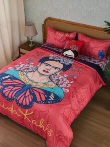 Frida Kahlo X SHEIN Bộ 3 vỏ chăn và vỏ gối in hình hoa & hình người, chất liệu mềm mại & thoải mái, phù hợp với nhiều kích thước giường khác nhau - Nhiều màu - Xem 2