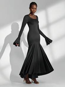 Almamuse Black Elegant Dress, Square Neck Fishtail Hem Design, Fitted Silhouette, Fashionable & Versatile, Women Long Dress, Autumn/Spring - Black - View 3
