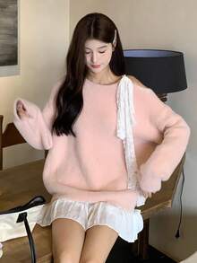 DAZY 女士圆领露肩休闲韩版蝴蝶结针织毛衣，秋冬 - 淺粉色 - 查看 5