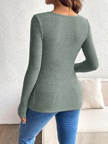 SHEIN Maternity Solid Color Round Neck Long Sleeve Ribbed Nursing Top Pregnancy Top - Green - View 2