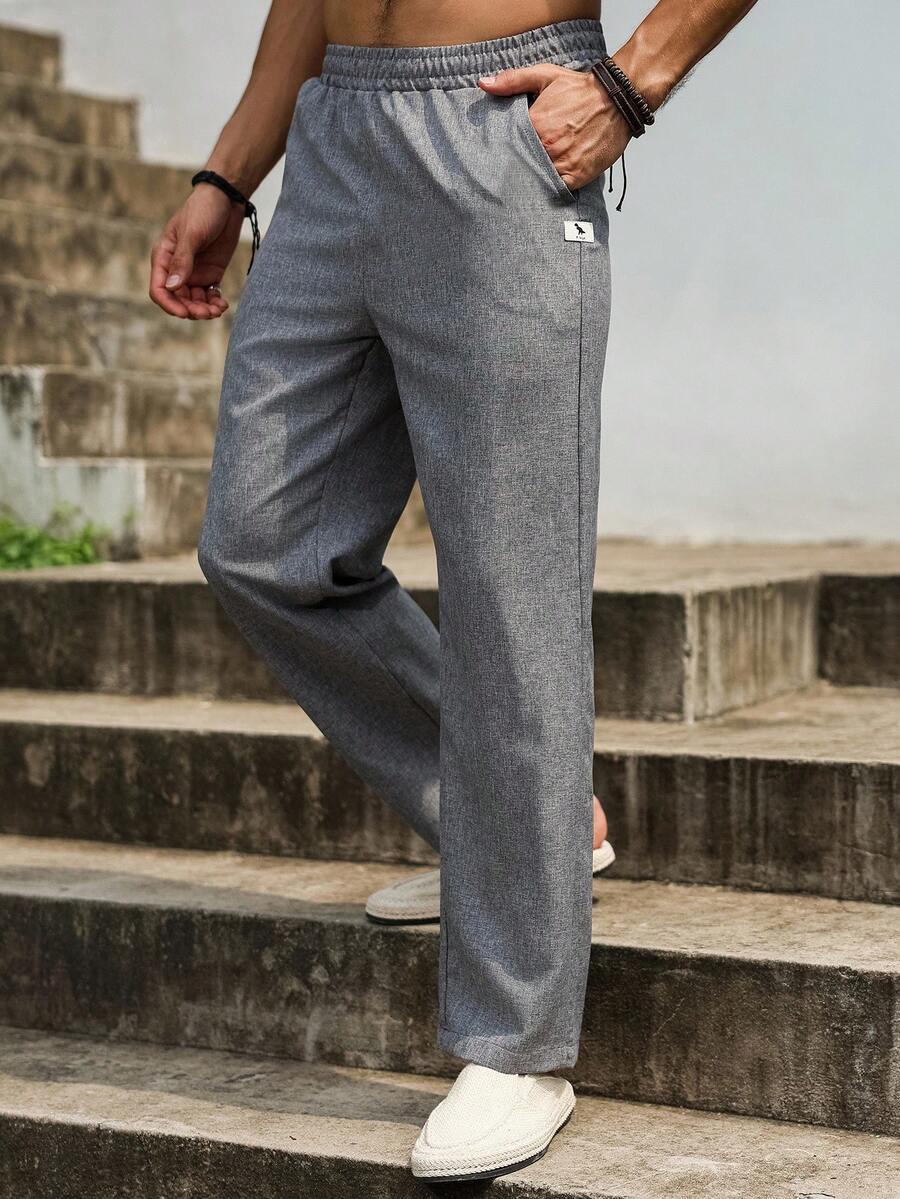 Manfinity Homme 男士纯色休闲裤，简约百搭，秋季 - 灰色 - 查看 1