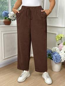 EMERY ROSE Pantalones entallados de algodón de unicolor con bolsillo y lazo en la cintura para mujer de talla grande - Marrón Chocolate - Ver 3