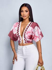 SOLERSUN 女士优雅热带印花褶皱镂空修身金属环扣小众设计短袖外出T恤 - 粉色 - 查看 6