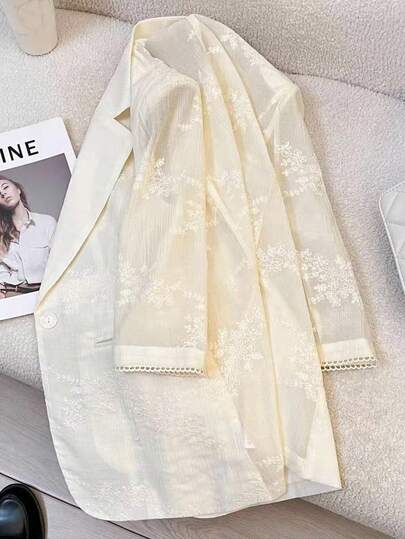 Regalyn Plus Size Elegant Embroidered Blazer Jacket, Fashionable Versatile Lightweight Fitted Blazer, Vintage Chic Style For Commuting Winter Fall Autumn