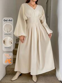 SHEIN LUNE 大码连衣裙 女士教堂礼服 婚礼宾客礼服 大码婚礼宾客礼服 约会晚礼服 女士教师服装 女士秋季连衣裙 秋季服装 大码编织纹理提花面料，三维垂直条纹面料，高重量，大灯笼袖效果，齐腰连衣裙 优雅的日常派对活动假日优雅服装，办公室警笛风格服装 长裙 老钱风格女士婚礼宾客礼服 女士夜间外出礼服 女士返校节礼服 女士秋季服装 女士派对礼服 节日礼服 - 杏色 - 查看 8