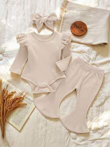 SHEIN Vintaside Kids 嬰兒女寶寶分層荷葉邊連體褲套裝 和喇叭褲和頭帶