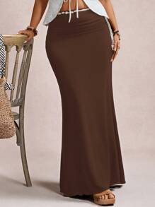 Freevana Plus Size Elegant Romantic Vintage A-Line Maxi Knit Skirt, Suitable For Party And Gathering, Autumn/Winter,Fall Clothes For Women - Coffee Brown - View 5