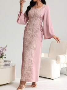 Yasmyna Women's Elegant Square Neck Patchwork Embroidered Cinched Waist Waist Dress, Spring/Summer Pink Dress Dress With Sleeves Lace Dress Elegant Dress - Pink - View 4