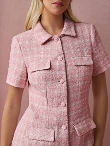 Enchnt Fall/Winter Romantic Women's Elegant Commuter Pink Tweed Button Front Short Sleeves Mini Dress ,Sweet&Elegant&Fashionable For Vacation&Date&Holiday&Birthday&Party&Graduation&Wedding Guest&Office&Going Out,Back To School,Fall Dress For Women,Autumn Clothes - Pink - View 2