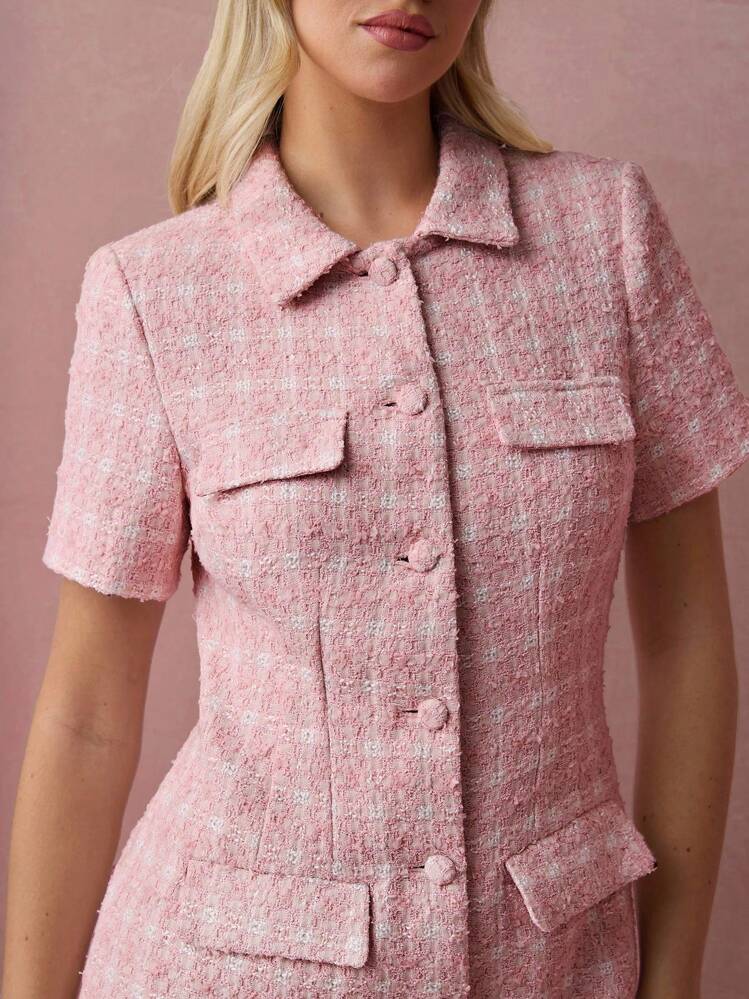 pink tweed dress shein Pink Tweed Dress Shein Baby Pink Tweed Plaid Metallic Stitching Short Dress  S