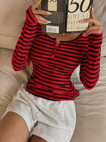 SHEIN EZwear Áo thun nữ sọc đen đỏ chất liệu cotton pha trộn mới có khóa kéo nửa thân - Đỏ - Xem 6