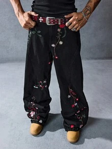 ROMWE MEN Street Life Quần jean ống đứng thêu hoa phong cách retro thường ngày cho nam, phong cách Grunge - màu đen - Xem 8