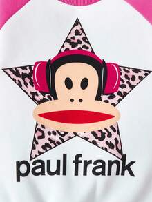 Paul Frank X SHEIN Conjunto de 2 piezas de sudadera con mangas raglán contrastadas con estampado de leopardo, estrella y mono de dibujos animados, forrada térmicamente, y falda de línea A con estampado de mezclilla para niña - Multicolor - Ver 5
