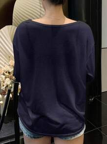 Dazy Plus Maglietta a maniche lunghe con collo ampio e orlo semi-aperto, di colore unito, adatta per primavera/estate - Blu Navy - Visualizzare 2