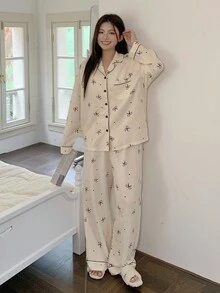 Dazy Plus 2pcs Floral Bow Print Loose Fit Pajama Set, Plus Size Women Autumn Sleepwear, Fall Winter Clothes, Cozy Outfits