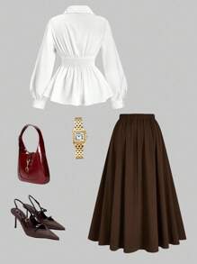 Velvienne Bộ 2 áo cánh và chân váy màu trơn thời trang cỡ lớn dành cho nữ, phong cách thanh lịch cho mùa xuân và mùa thu - Nhiều màu - Xem 2