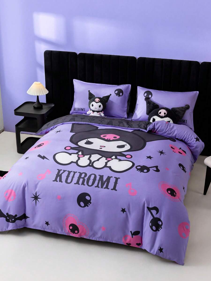 HELLO KITTY AND FRIENDS | SHEIN 3pc Cartoon Kuromi & Letter Print Bedding Set Suitable For Single Bed/Double Bed/Queen Bed/King Bed, Dormitory/Home - Mauve Purple - View 1