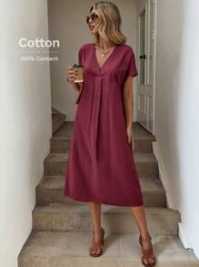 SHEIN LUNE 女式纯色V领插肩袖宽松休闲短袖连衣裙 - 酒紅色 - 查看 4