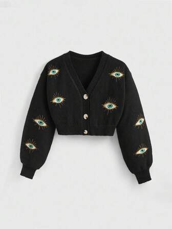 Hippie Cardigan vintage brodé à motif d'œil pour femme
