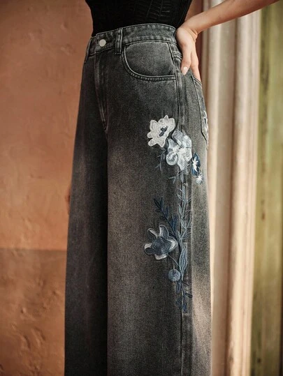 Anewsta Women's New Luxury Embroidered Straight Leg Pants, Suitable For Valentine's Day, Mother's Day, Black Color