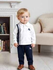 Souflis Souflis 2pcs Baby Boy Polo Neck Color Block Long Sleeve Top And Casual Corduroy Pants Set, Fashionable Outfit With Exquisite Prints, Infant Boy Clothes, Children Apparel Baby Boy Shirt Sets Baby Boy Clothes Baby Boy Clothes Baby Boy Polo Shirt And Pants Set - Multicolor - View 1