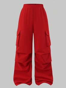 SHEIN Sparklyn 2件套青少年女孩休闲图案T恤和工装裤套装 - 紅色 - 查看 6