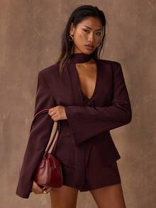 SHEIN BAE 优雅纯色束腰西装外套 - 咖啡棕 - 查看 3