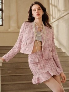 SHEIN Unity 浪漫约会优雅淑女粉色3D花朵圆领夹克和荷叶边下摆短裙两件套，秋冬 - 粉色 - 查看 3