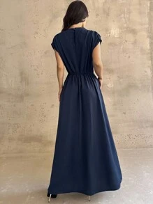 Firerie 女式海军蓝中式立领荷叶边无袖缎面长裙，优雅的女士日常通勤连衣裙，春/秋/冬，优雅，通勤，浪漫，约会，派对，婚礼季，毕业典礼，毕业舞会，表演服，音乐会，工作服，女士生日礼服，女教师装 - 藏蓝色 - 查看 4