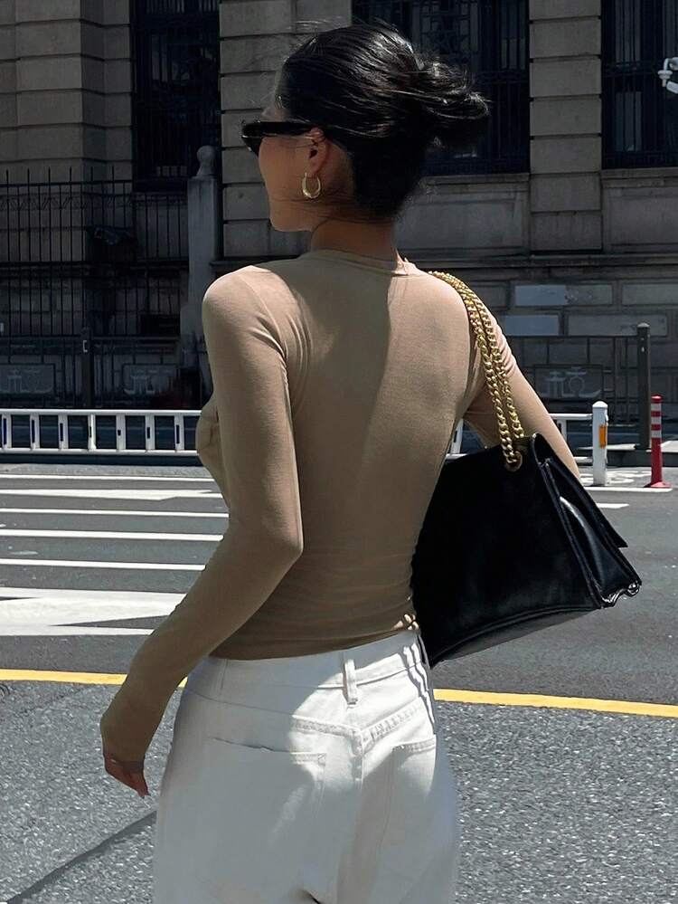 Women's Solid Color Fitted Long Sleeve Contrast Lace Elegant Autumn/Winter Base Layer Top