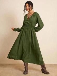 Freevana Plus Size Fall Clothes All Over Print Shirred Leopard Long Sleeve Dress/Fall Dresses/Fall Women Outfits Fall Wedding Guest Dress Elegant Women Dresses Business Casual Woman Work Dress Business Dress Fall Wedding Guest Dress Business Casual Woman Fall Clothes For Women Winter Clothes Office Outfits For Women Chic Winter Business Winter Party Fall Halloween Christmas - Army Green - View 7