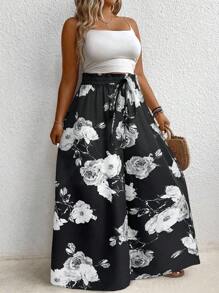 SHEIN LUNE Plus Size Floral All-Over Print Tie Front Casual Pants Fall Cloth For Women - Grey - View 5