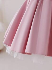 Glamorique Kids Baby Girls' White & Pink Satin Tulle Puff Skirt Dress, Beaded Back Bow Flower Girl Wedding Party Celebration Pageant Outfit, Infant Short Sleeve Dress Fall Winter