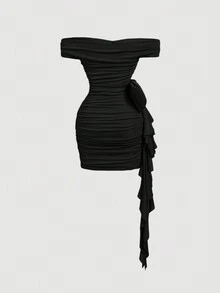 SHEIN MOD 卡其色单肩裹身裙，搭配超大蝴蝶结细节 - 适合派对、度假、约会、生日庆祝、下午茶和节日 - 黑色 - 查看 5