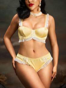 PinupPomp Bộ đồ lót cổ điển 2 món kèm khoen thép, xếp nếp & nâng đỡ, vải satin, màu tương phản, viền nhún bèo, trang trí nơ, phong cách retro lãng mạn dành cho nữ - Màu Mù tạt vàng - Xem 4