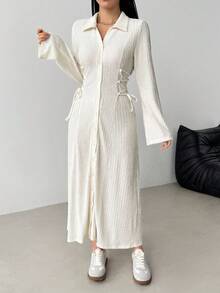 Modelyn Vestido de manga larga con cordón de unicolor para mujer - Albaricoque - Ver 3