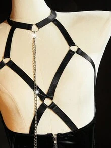 SpicyHot Hollow Out Chest Zipper Metal Chain Traction PU Patchwork Shiny Criss-Cross Open Crotch Punk Cyber Sexy Charming Women Bodysuits, Going Out - Black - View 3