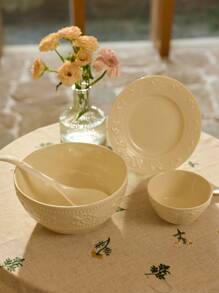 Cirelle 陶瓷浮雕法式奶油风格厨房碗和盘子，白色家用餐具套装，高审美价值，饭碗，蔬菜盘，盘子，筷子，洗碗机，微波炉适用|盘子，盘子套装，餐具套装，餐具 - 白色 - 查看 10