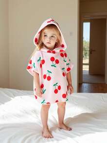 Infant Girls' Double-Sided Flannel Cherry Print Sleeveless Hooded Sleeping Bag & Robe, Homewear - Red - View 8