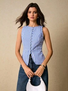 Poéselle Camisa de mujer sin mangas con decoración de botones en la cintura, estilo casual de verano a cuadros